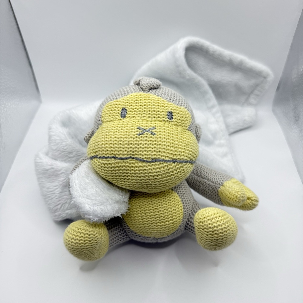 Baby Bum Monkey Lovey Grey&Yellow White Security Blanket Knit Stuffed Animal Toy